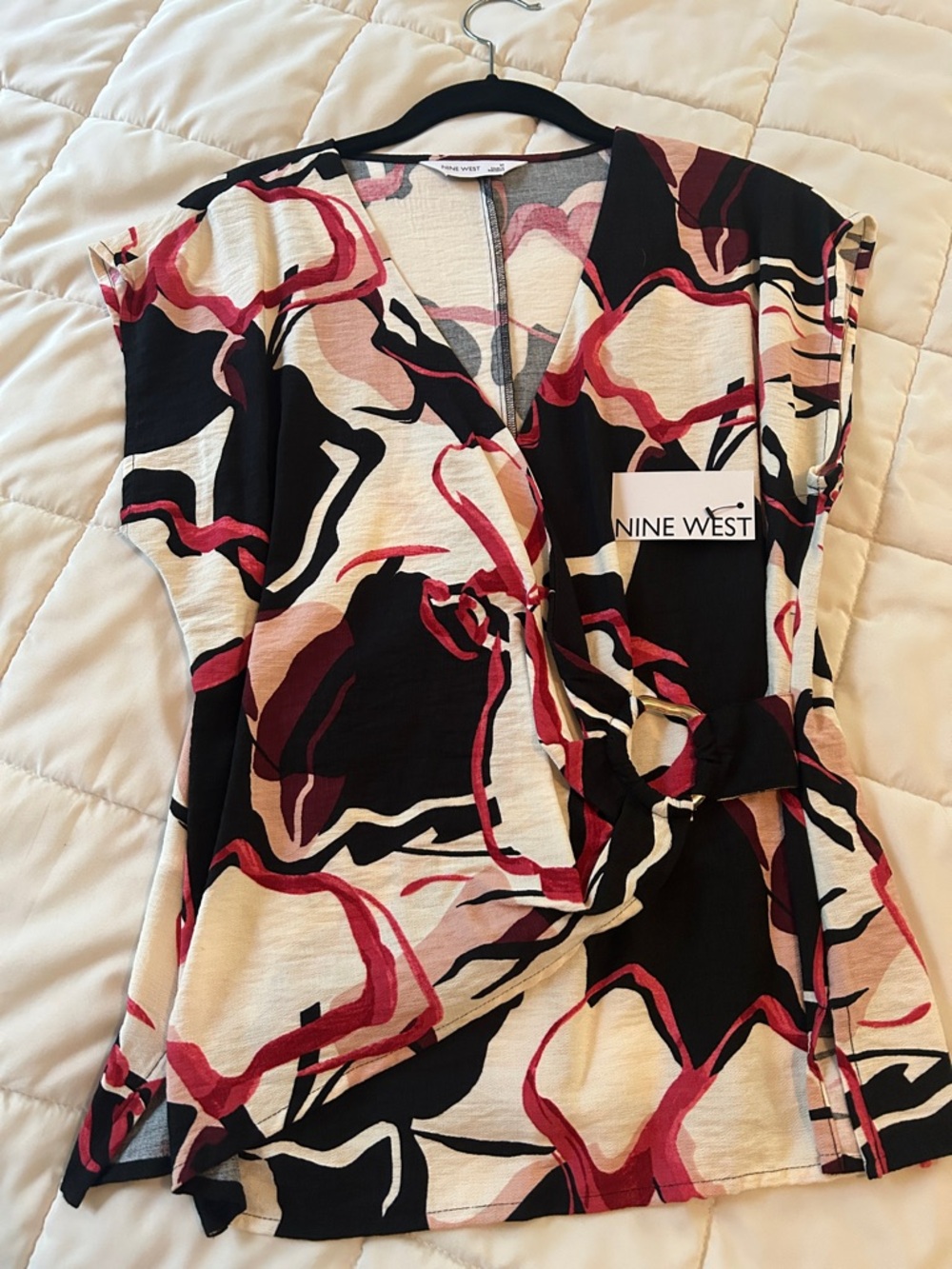 Nine West Black, Cream & Pink Abstract Wrap Blouse